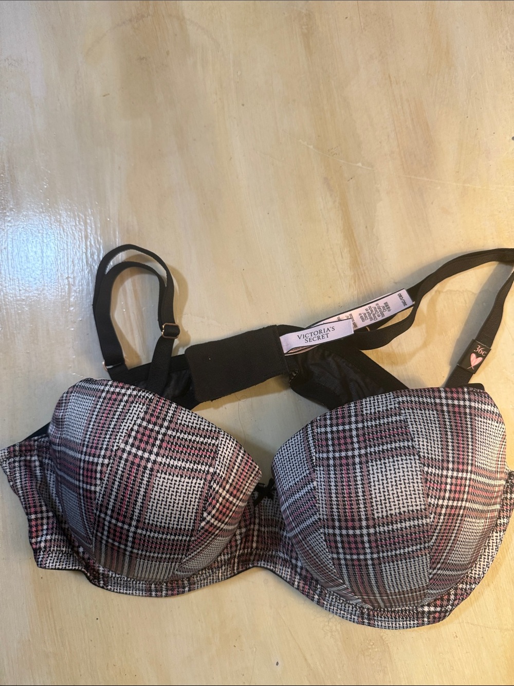 Victoria's Secret Black and Pink Plaid Push-Up Bra with White Accents